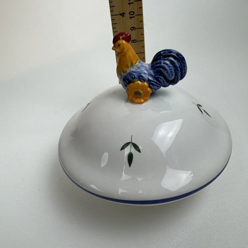 Ceramic Rooster Canister SM Replacement Lid‎ White Blue Farmhouse Kitchen Decor